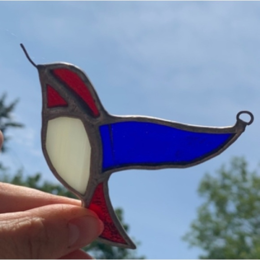 Stained Glass Bird Ornament - Red, Blue, White